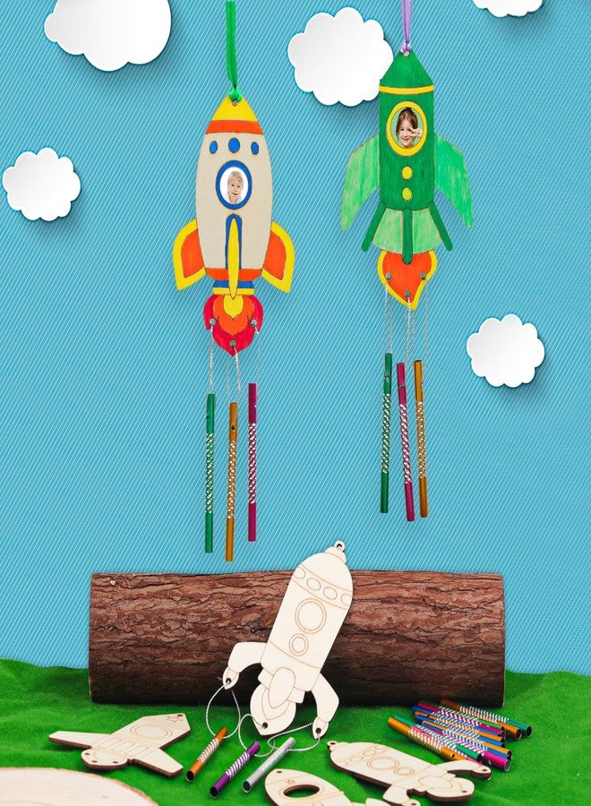 TREACLUB 12PCS Rocket Wind Chime Kit for Kids Make Your Own Space Wooden Wind Chime DIY Coloring Wood Crafts Outer Space Crafts Ornaments for Boys Girls School Activities Party Decoration - Image 5